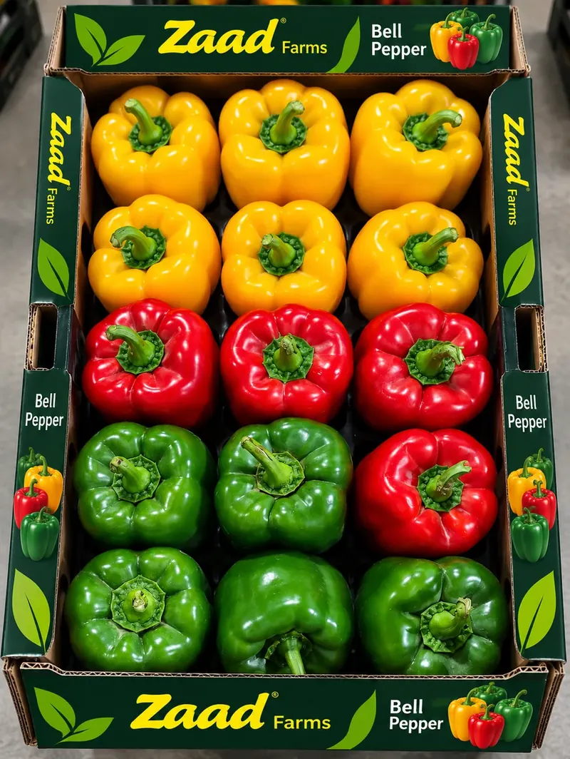Red, yellow and green bell peppers in a Zaad carton